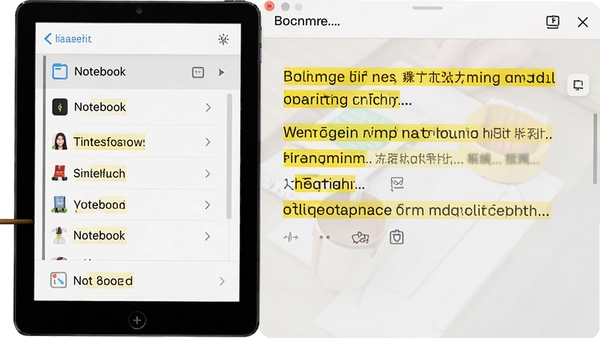 电子图书阅读器书签与笔记管理界面,左侧为笔记本列表,右侧为标注内容详情,背景为淡灰色,高亮文字以黄色标记,界面清晰有序