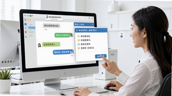 易信客服助理机器人智能话术匹配功能演示,电脑屏幕上显示客户对话窗口与推荐话术弹窗,客服人员正在点击快捷回复按钮,工作场景明亮整洁