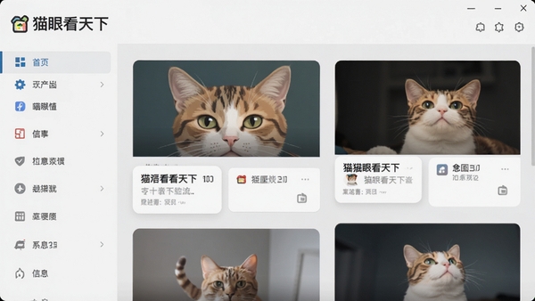 猫眼看天下软件主界面预览图，左侧分类导航栏，右侧信息流卡片，整体界面简洁明亮，背景为浅灰色，突出软件名称猫眼看天下，现代扁平化设计风格