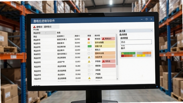 唐格拉进销存软件库存盘点界面，屏幕显示商品库存列表和盘点数量录入框，有预警颜色标识，背景为仓库货架，画面写实清晰