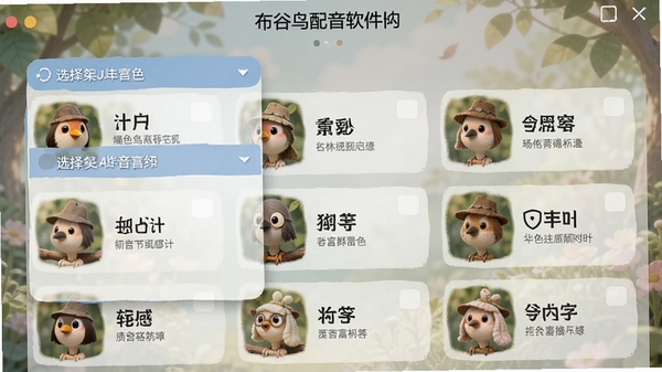 布谷鸟配音软件的音色选择界面截图,展示一个下拉列表或网格布局,其中罗列了多种语音角色选项,每个选项带有名称和简单的风格描述,界面背景柔和,突出选择功能的丰富性和直观性