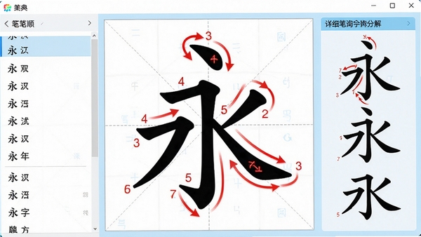 一幅展示笔画笔顺查询字典软件主界面的高清截图，画面中央是一个大的汉字“永”字，其笔画顺序用红色数字和箭头动态标出，周围有田字格背景，界面风格简洁明亮，左侧显示汉字列表，右侧显示详细笔顺分解，整体色调以白色和浅蓝色为主，突出教育性和工具性，画面清晰，细节丰富，适合作为软件预览图展示。