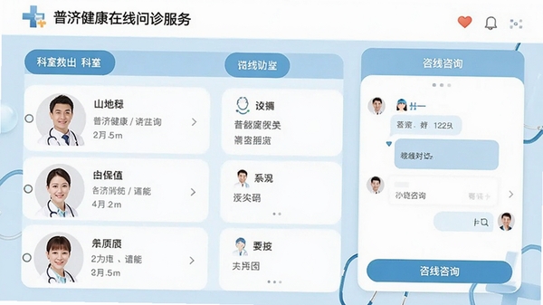 普济健康在线问诊服务界面，展示医生列表、科室分类、在线咨询对话框，整体设计温馨友好，背景为淡蓝色医疗风格