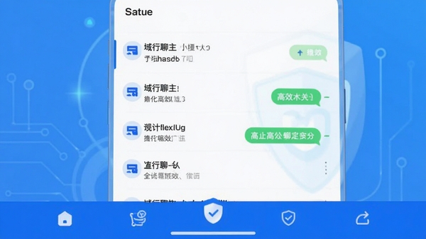 域行聊主界面预览图，展示其简洁的聊天列表与底部导航栏，背景为渐变的科技蓝，突出安全与高效的主题，整体风格现代且友好。