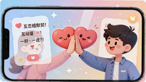 新时代婚恋交友应用内的双人答题互动游戏界面，手机屏幕上显示可爱风格的题目卡片和两颗紧紧相连的爱心，背景是柔和渐变色，两个卡通人物形象隔着屏幕击掌，传递出互动的乐趣与默契。