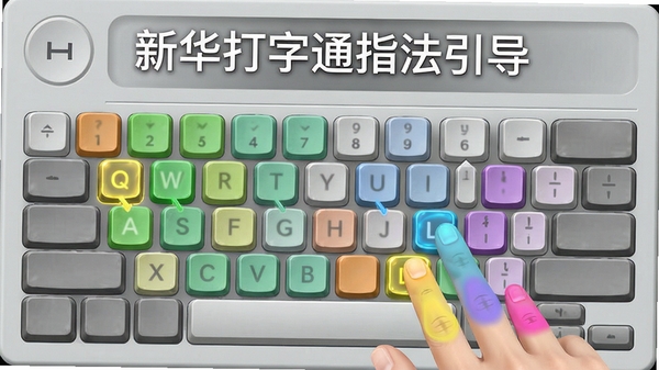 新华打字通指法引导界面,虚拟键盘上不同手指区域用不同颜色标注,当前需要敲击的按键闪烁提示,整体画面直观易懂,背景为浅灰色调
