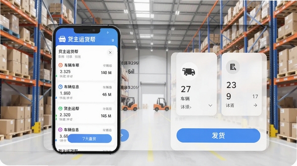 货主运货帮软件主界面预览图，手机屏幕显示货运订单列表、车辆信息卡片和发货按钮，背景为简洁的物流仓库场景，画面清晰明亮，突出软件名称货主运货帮，适配Boogu模型生成