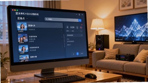 蓝冰完美单机卡拉OK点播系统主界面预览图，画面主体为电脑屏幕中显示的歌曲点播列表与搜索界面，背景为温馨的家庭客厅环境，暖色调灯光，沙发与音响设备可见，整体氛围轻松愉快，突出家庭K歌的欢乐场景
