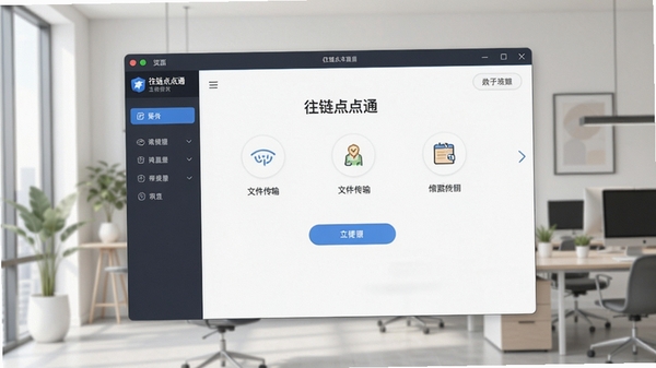 往链点点通主界面预览图，展示其简洁的文件传输操作面板，背景为淡雅的现代办公环境，前景突出软件窗口的清晰布局与友好的用户交互界面，整体风格明亮、专业