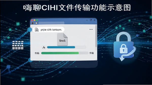 嗨聊CIHI文件传输功能示意图,展示拖拽文件至对话窗口、传输进度条以及加密锁图标,背景为抽象的数据流动线条,体现安全与高效