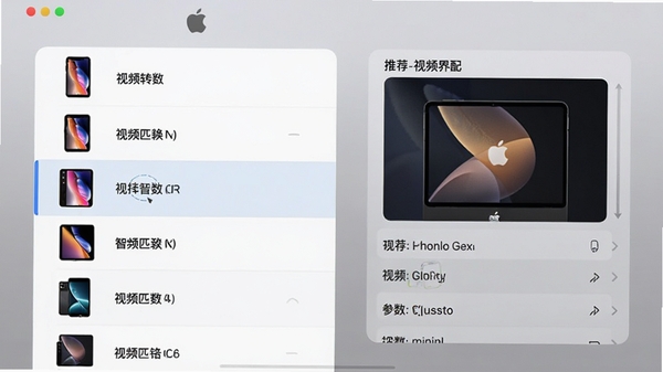 极速iphone视频格式转换器设备适配界面，展示多种苹果设备型号列表，选中某款设备后右侧显示推荐的视频参数，背景为简洁的灰色渐变，突出智能匹配功能