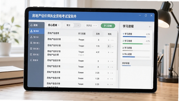 房地产估价师执业资格考试宝典软件主界面预览图,展示清晰的题库列表与学习进度面板,背景为书房书桌场景,整体色调简洁明亮,界面布局合理,突出软件名称与核心功能模块