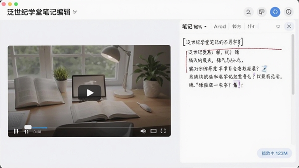 泛世纪学堂笔记编辑界面，左侧为视频播放窗口，右侧为笔记输入区域，界面清爽，体现软件名称与学习辅助功能