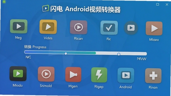 闪电Android视频转换器格式选择界面，展示多种视频格式图标排列，背景为渐变蓝色，画面中央显示转换进度条，整体风格现代简洁，突出软件名称
