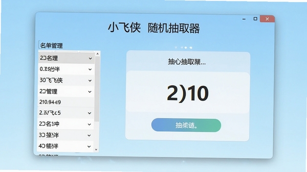 小飞侠随机抽取器主界面预览图，展示清爽的软件窗口布局，中央为抽取结果展示区域，左侧为名单管理列表，背景为淡蓝色渐变风格，画面干净明亮，突出软件名称与核心功能