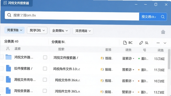 展示鸿悦文件搜索器主界面的高清截图,界面布局清晰,搜索框位于顶部,下方显示分类筛选选项和文件列表结果,背景为干净的浅灰色调,整体风格现代简洁,突出软件名称与搜索功能