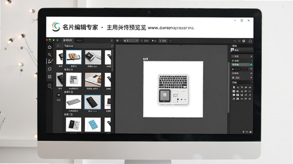 名片编辑专家主界面预览图，展示软件在电脑屏幕上运行的完整工作区布局，左侧为模板列表，右侧为编辑画布，背景简洁明亮，突出软件名称与专业设计氛围