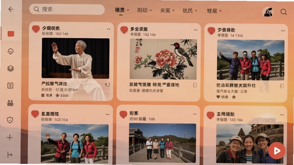 夕阳知己动态广场界面截图，屏幕上显示多条带图片的文字动态，有老人练太极的照片、花鸟画作、旅游合影等，顶部有搜索框和分类标签，整体色调柔和，界面布局清晰，左侧有侧边栏图标，右下角有圆形发布按钮