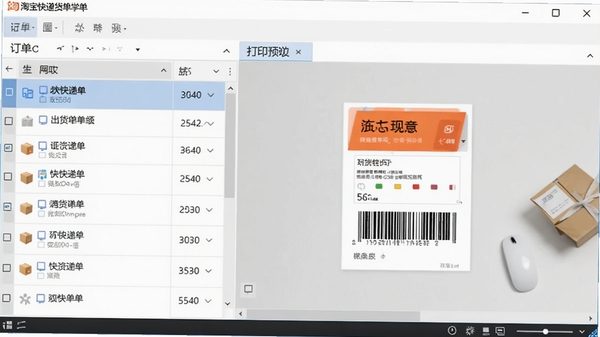 淘宝快递单出货单打印软件主界面预览图，左侧订单列表，右侧打印预览，背景为浅灰色办公桌面，整体风格简洁清爽，软件名称显示在窗口标题栏
