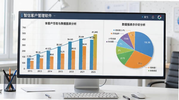 智信客户管理软件数据报表分析图表展示,画面呈现一个柱状图与饼图组合的统计分析界面,图表色彩鲜明,数据标签清晰,背景为明亮的办公桌面,整体风格专业商务,突出数据可视化效果