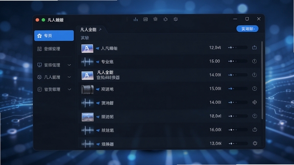 凡人全能音频转换器主界面预览图，现代简约风格，深色与蓝色搭配的软件界面，中央显示音频文件列表，左侧为功能导航栏，背景为柔和的科技感光效，整体画面清晰明亮，突出软件的专业性与易用性