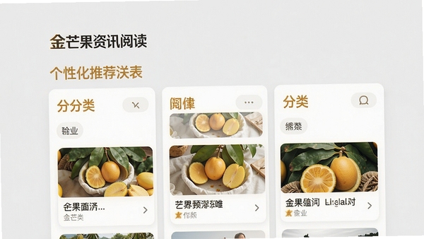 金芒果资讯阅读界面，展示个性化推荐列表，卡片式布局，配有分类标签和缩略图，背景为浅灰色，突出内容主体，画面清晰舒适