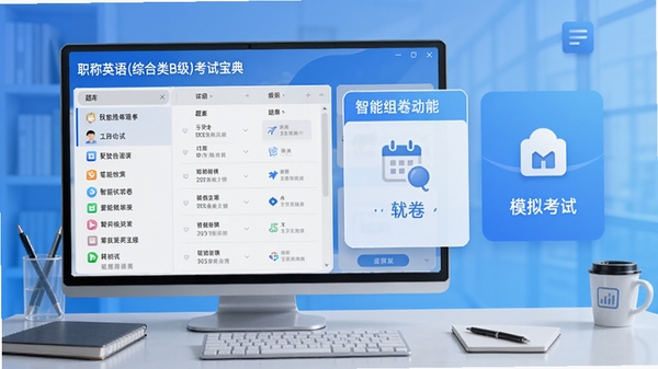 职称英语(综合类B级)考试宝典软件主界面预览图，画面展示清晰的题库列表、智能组卷功能模块和模拟考试入口，背景为简洁的蓝色渐变办公桌面环境，图标设计现代，整体风格专业且明亮
