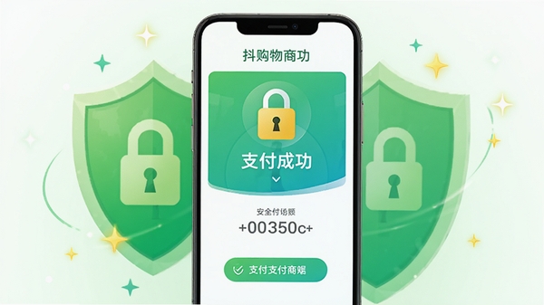 抖购物商城安全支付场景示意图，手机界面显示支付成功页面，带有安全锁图标和支付金额，背景为绿色盾牌与锁形图案，周围有闪烁的星星点缀，整体氛围安全可靠，色彩清新自然