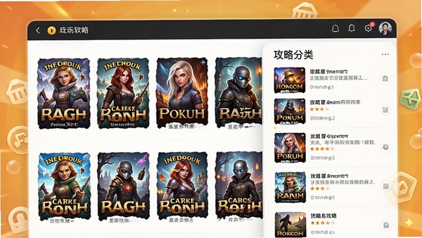 这咋玩呀软件的海量游戏攻略库功能展示图，界面展示多款热门游戏封面与攻略列表，突出信息丰富、分类清晰的特点，背景采用明亮的暖色调，营造出知识宝库的视觉感受
