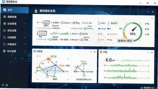 服务器安全狗主界面预览图，展示软件在电脑桌面运行时的整体布局，左侧功能导航栏清晰可见，右侧显示实时防护状态与安全评分，背景为简洁的深蓝色科技感界面，画面明亮清晰