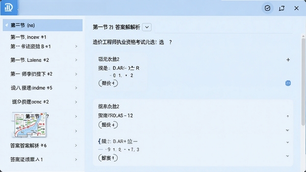 造价工程师执业资格考试宝典智能题库界面,左侧显示章节列表,右侧为选择题与答案解析,背景为淡蓝色,画面清晰整洁