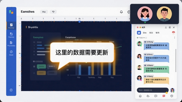吾道幻灯片多人协作界面图,画面显示两个头像分别位于幻灯片页面右上角,表示不同成员正在同时编辑,画布上有一个高亮的批注气泡,内容为“这里的数据需要更新”,右侧有聊天窗口显示成员讨论信息,整体界面现代,色彩明快,体现协作的高效与便捷