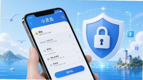小灵岛隐私安全保护示意图，画面中手机屏幕显示隐私设置选项，背景有盾牌图标和锁形符号，色调为蓝色和白色，传达出安全可靠的品牌形象。