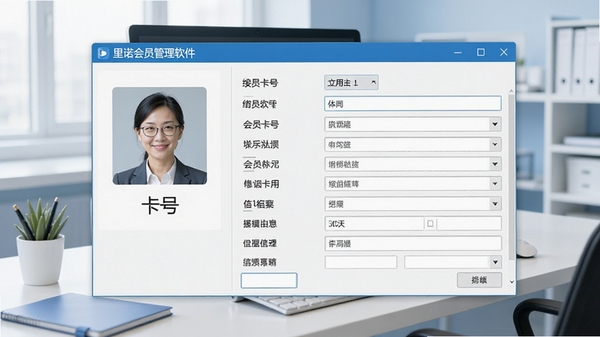 里诺会员管理软件会员档案编辑窗口，左侧为会员头像与卡号，右侧为可自定义的详细信息表单，背景是简洁的办公桌面，色调以蓝白为主，强调信息录入的便捷性