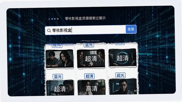零玖影视盒资源搜索过程展示，界面中央为搜索框，输入片名后下方以瀑布流形式呈现多个清晰度标签，如蓝光、超清、高清，背景为抽象的数字代码流，凸显科技感