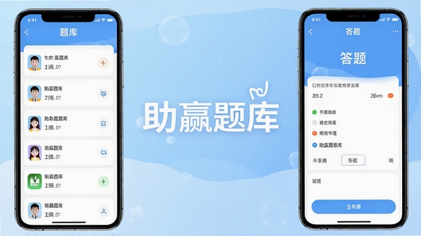 助赢题库主界面展示，手机屏幕中显示题库列表与答题页面，背景为淡蓝色渐变，整体风格简洁明亮，突出学习氛围，画面中央有“助赢题库”字样，细节清晰，适合应用商店截图风格