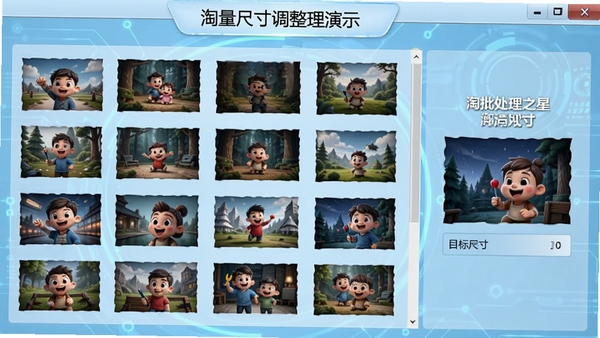 淘淘图片批处理之星批量尺寸调整操作演示,多张不同尺寸的图片排列在界面中,一侧显示调整后的目标尺寸参数,背景为浅蓝色科技感工作界面,突出高效便捷
