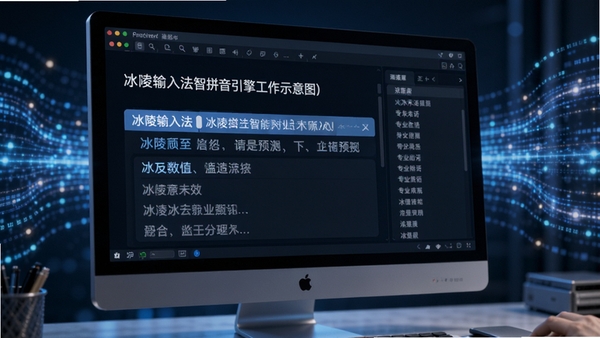 冰凌输入法智能拼音引擎工作示意图,电脑屏幕被放大,显示输入一段长句时,候选词栏精准预测出下一个词汇,词库列表清晰展示专业术语,背景有数据流动的科技光效,强调AI智能与高效。