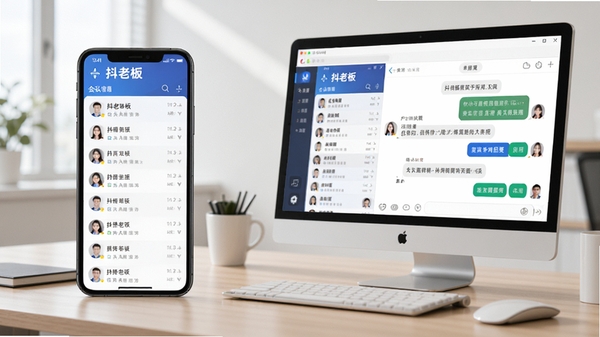 抖老板的聚合私信界面，左侧为会话列表，右侧为聊天窗口，包含快捷回复按钮，背景为简洁的办公桌，手机和电脑同时显示软件界面，突出高效沟通的场景。