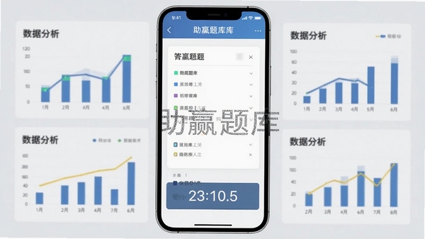 助赢题库模拟考试界面，手机屏幕上显示答题卡与倒计时，背景为浅灰色，带有图表统计元素，展现考试氛围与数据分析功能，画面包含“助赢题库”水印，风格专业清晰