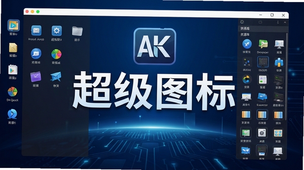 超级图标软件主界面预览图，展示软件logo、桌面图标管理面板、图标资源库分类列表，背景为深蓝色科技感渐变，画面中心突出“超级图标”字样，整体风格专业清晰，4K高清