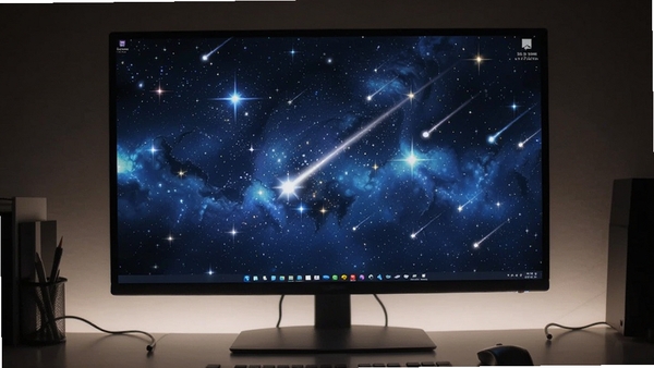 璀璨星空动态桌面特色功能展示，画面显示电脑桌面上的动态星空效果，星星闪烁、流星拖尾，背景是深蓝色星云，光线柔和，细节丰富，整体风格写实而梦幻