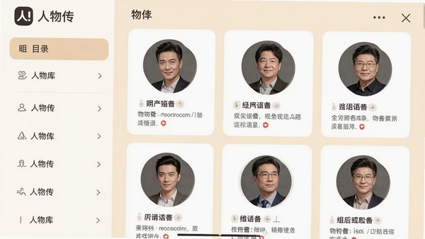人物传App内人物库分类界面截图，左侧为分类目录，右侧显示人物头像与简介卡片，背景为柔和米色，人物头像采用圆形设计，整体布局清晰美观，突出“人物传”品牌标识。