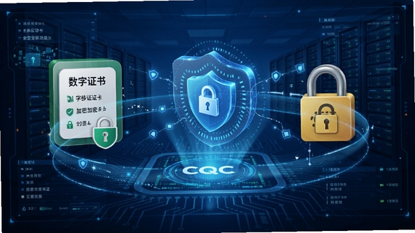 CQC移动签安全加密签署功能展示，数字证书与加密锁图标环绕，背景为蓝色科技感网络安全界面，细节丰富，适合文生图模型