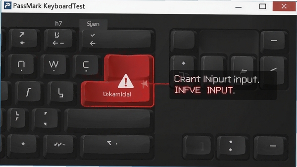 PassMark KeyboardTest软件检测出按键故障时的界面示意,某个按键显示为红色警告状态,旁边有文字提示检测到异常输入,背景为深灰色调,突出故障诊断的视觉效果,科技感强