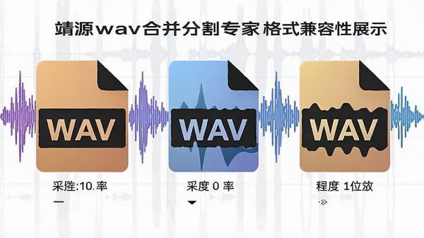 靖源wav合并分割专家格式兼容性展示,展示不同采样率与位深度的WAV文件图标,背景有音频波形元素