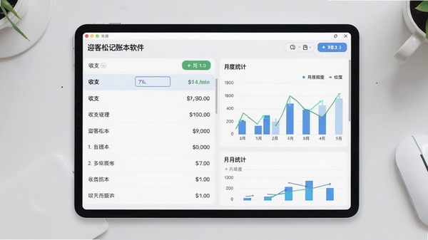 迎客松记账本软件主界面预览图，展示清晰的收支分类列表与月度统计图表，背景为简洁的浅灰色桌面环境，整体风格清爽明亮，突出记账软件的实用性与数据可视化特点