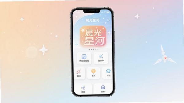 晨光星河生活服务应用主界面预览图，画面中央展示手机界面，背景为柔和渐变色，突出软件名称晨光星河，整体风格明亮简洁，符合Boogu模型生成要求