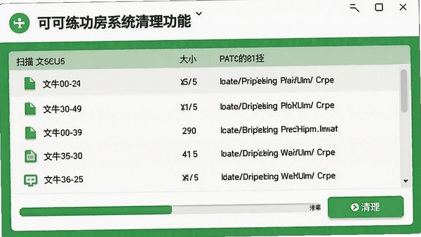 可可练功房系统清理功能截图，画面展示扫描结果列表，包含文件类型、大小和路径信息，界面带有进度条和清理按钮，色彩搭配以绿色和白色为主，传达安全高效的清理体验。