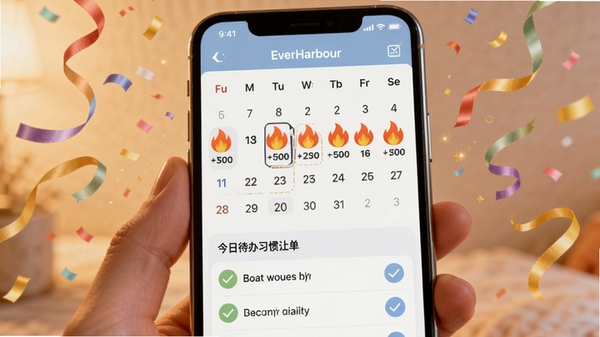 EverHarbour 习惯养成打卡界面，手机屏幕显示连续打卡日历，上面有火焰图标表示连续天数，下方有今日待办习惯清单，每个项目后有圆形勾选框，背景有轻盈的庆祝彩带特效，画面温馨且富有激励感